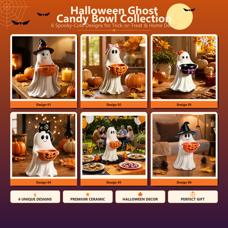 Cute Ghost Figurine with Pumpkin Candy Bowl